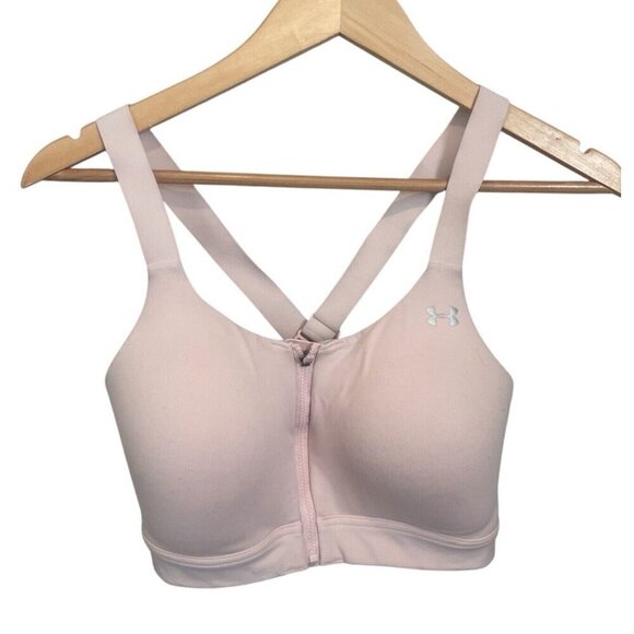Under Armour HeatGear Racerback Front Zip Close Wirefree Sports Bra Pink 34DD - Picture 1 of 6